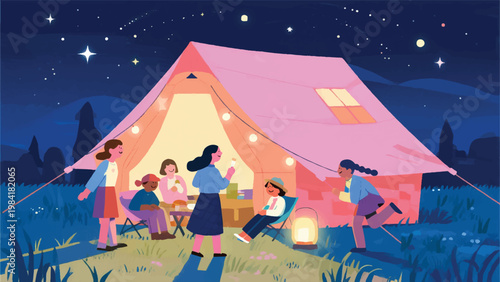 Illustration Of A Group Of Children Camping In Front Of A Tent At Night Vector Design Template