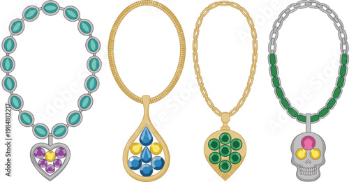 Elegant necklace collection featuring emerald gemstone pendant, gold teardrop design, turquoise heart locket, and stylized skull charm jewelry illustration.