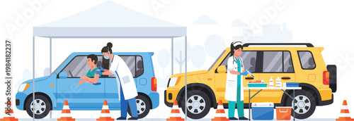 COVID-19 drive-thru testing with medical staff vector illustration