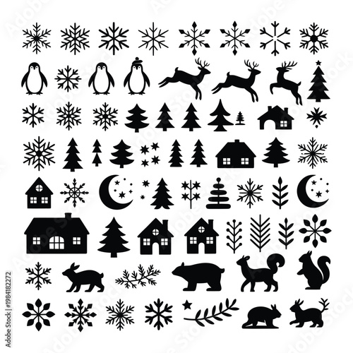 Black and white winter and holiday icon collection featuring various festive symbols