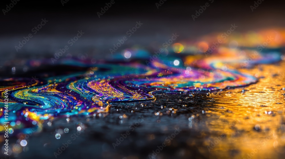 Obraz premium Vibrant, iridescent liquid metal patterns swirling with colorful reflections on a dark textured surface.