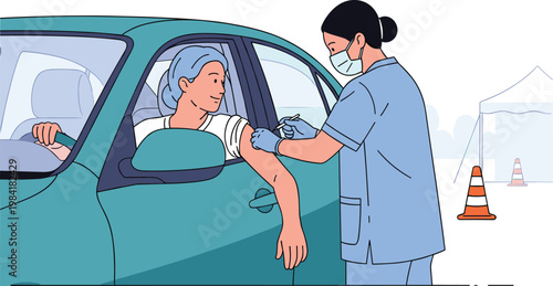 Healthcare worker gives COVID-19 vaccine to patient in car at drive-through clinic, flat design vector illustration