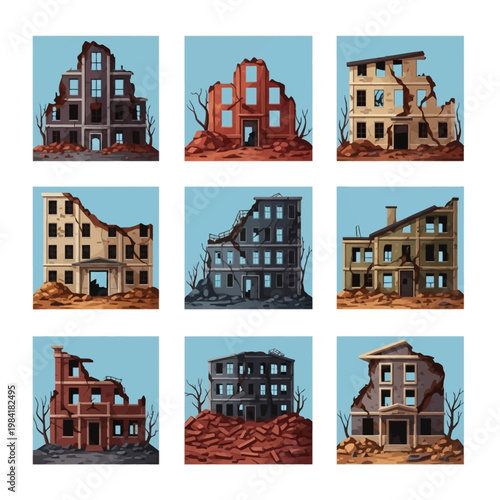 Set of nine vector illustrations depicting ruined city buildings and abandoned apartments with collapsed walls, piles of rubble, cracked facades, and post-apocalyptic urban decay.