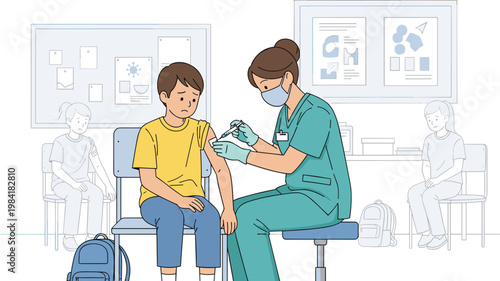 nurse giving a child a vaccination in a clinic vector illustration
