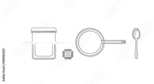 Digital cooking and kitchen technology concept with a microchip and utensils.