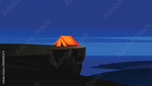 Illustration Of A Small Tent On The Edge Of A Cliff, With The Sea And Valley Below Vector Design Template
