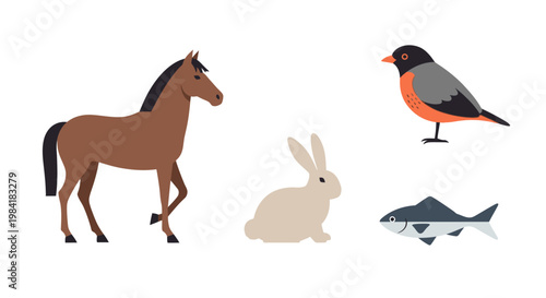 Flat vector animal illustration set featuring horse rabbit bird and fish