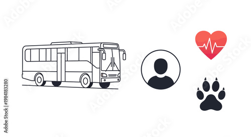 Collection of flat vector icons including a bus, user profile, heart pulse, and animal paw print