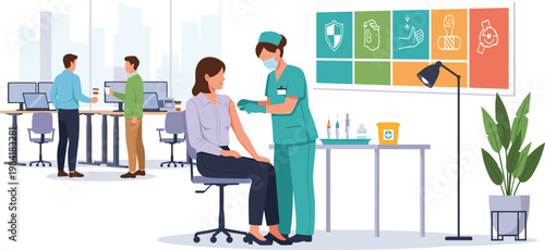 Nurse administers vaccine to patient in modern clinic office, vector illustration