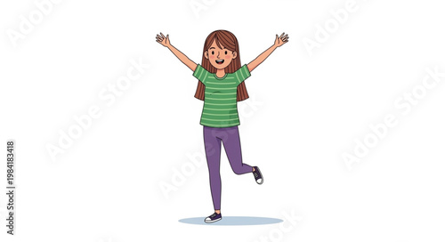 Joyful girl with arms raised high, celebrating happiness and freedom.