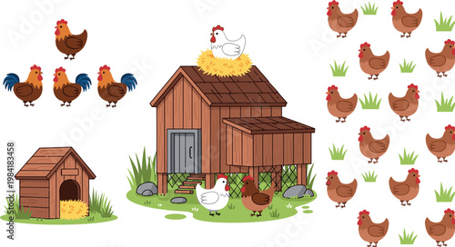 Cartoon Roosters, Hens, and Chicken Coop with Grass and Outdoor Elements for Farm and Rural Illustrations