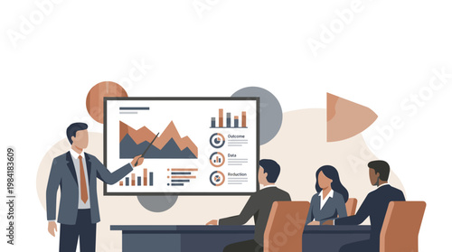A professional male presenter uses a pointer to explain complex data charts and outcome statistics to a group of attentive colleagues in a modern boardroom.