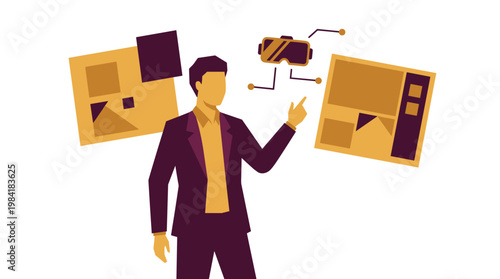 A professional male architect in a sharp purple suit interacts with floating digital floor plans and virtual reality equipment icons in a clean space.