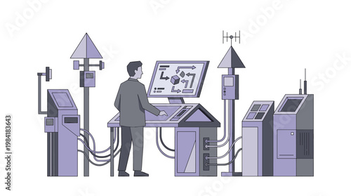 A focused technical operator manages a sophisticated control console with numerous monitors and intricate wiring systems within a modern industrial facility.
