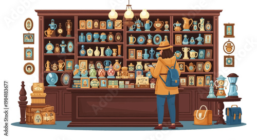 Flat vector illustration of a woman with a backpack browsing an antique shop featuring large wooden shelves filled with vintage ceramic vases, teapots, framed portraits, and glass jars.