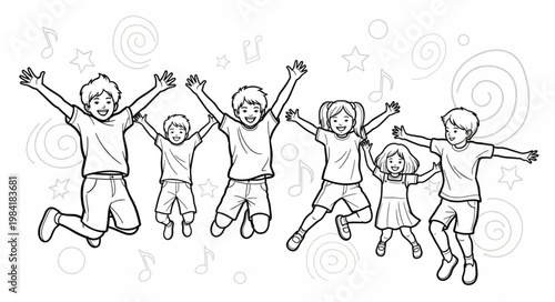 Joyful children jumping in the air, celebrating happiness and fun together.