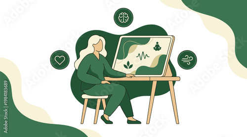 A serene woman with long blonde hair works at a wooden desk while surrounded by floating icons for mental health heart rate and meditation in a green room.