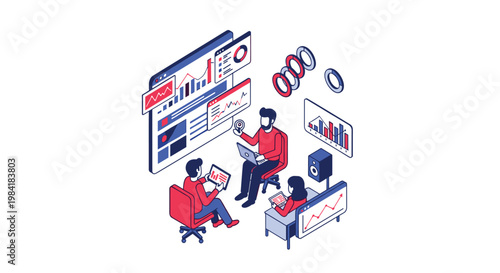 Three creative professionals in red shirts utilize laptops and tablets while surrounded by large floating digital screens and vibrant three-dimensional data rings.