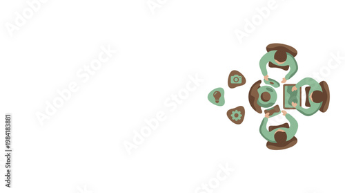 Four professional individuals in green attire collaborate around a round table viewed from above while floating icons of lightbulbs and cameras hover nearby.