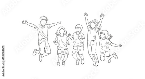 Joyful Children Jumping Together in a Line.