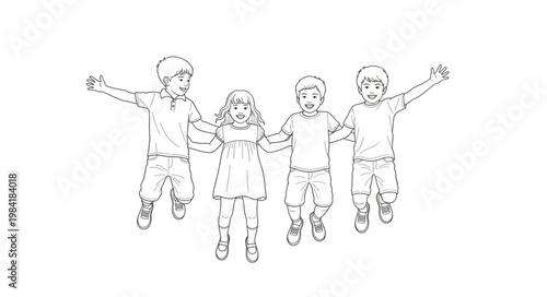 Joyful Children Jumping Together in a Line.