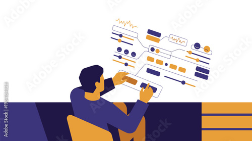 A focused professional man meticulously manipulates a complex floating digital dashboard interface featuring vibrant purple and orange data visualization elements.