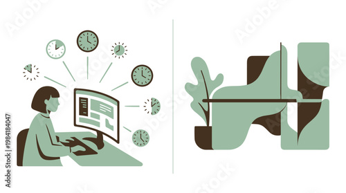 A focused female employee works diligently at her computer terminal while multiple green clocks indicate various time zones in a split-screen layout.