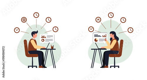 Two professional office workers sit at their respective minimalist desks while various brown time and data icons float above their focused computer workstations.