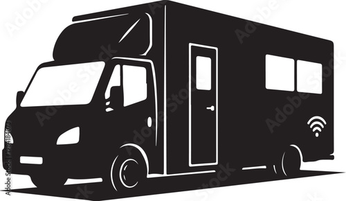 Fishing boat, industrial vessel, silhouette icon, black and white graphic