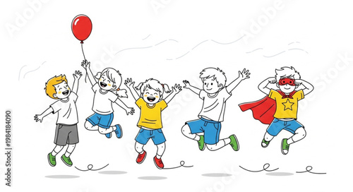 Joyful Children Jumping with Balloon and Superhero Cape.
