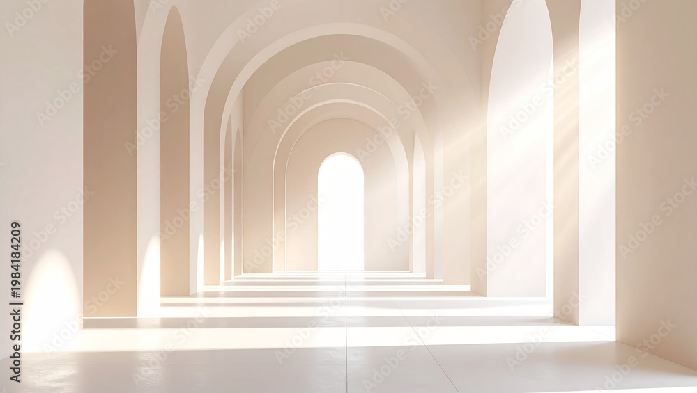 Fototapeta premium beige arched hallway with ethereal sunlight and shadows