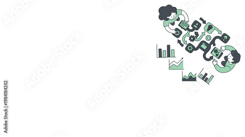 Two creative professionals collaborate on a complex strategic workflow featuring various business icons and statistical bar graphs against a pristine white background.