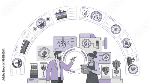 Two dedicated agricultural scientists examine detailed botanical data charts and plant root cross-sections within a sophisticated and modern research laboratory.