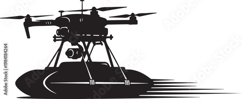 Fishing boat, industrial vessel, silhouette icon, black and white graphic