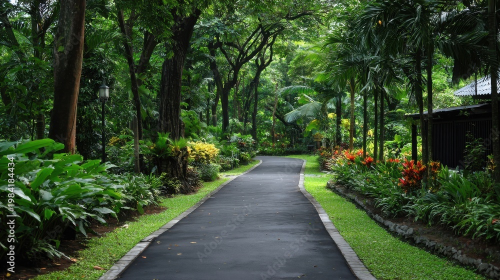Fototapeta premium A smooth asphalt path leads through a lush, green manicured botanical garden with vibrant plants
