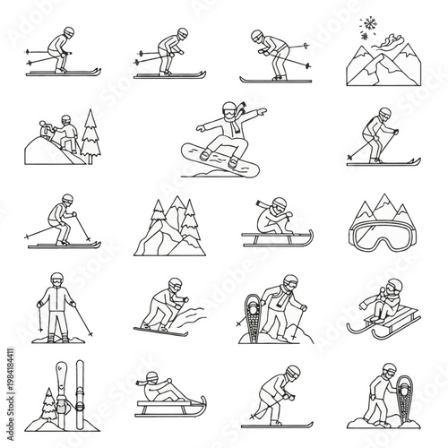 Minimalist thin line vector icon set featuring winter sports activities like downhill skiing, snowboarding, sledding, and snowshoeing with mountain landscapes and goggles icons.