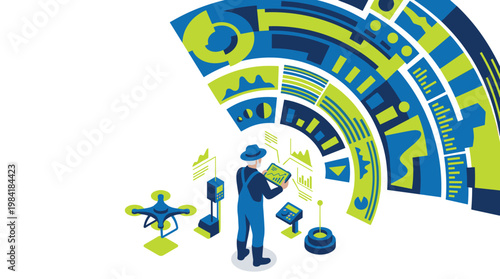 A modern agricultural specialist wearing blue denim overalls and a wide-brimmed hat monitors complex crop data on a vibrant green circular digital interface.