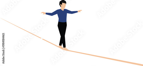 Woman Tightrope Walker Balancing Vector Illustration Challenge Risk Business Concept Isolated