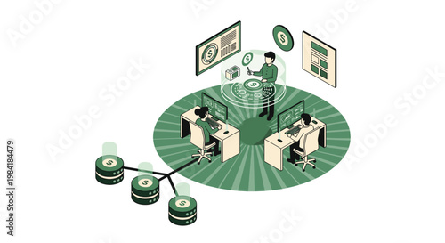 Professional financial analysts monitor real-time monetary data streams and currency icons within a modern office featuring vibrant green radial floor patterns.