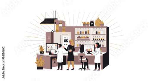 A collaborative team of dedicated researchers in white lab coats operates complex machinery and manages extensive chemical inventory within a modern laboratory.