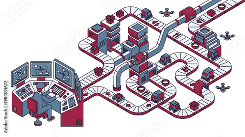 A dedicated operator monitors complex conveyor systems in a bustling automated warehouse facility featuring a meticulous isometric red and blue color motif.