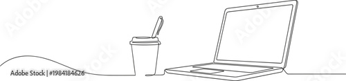 Minimalist continuous one line drawing of a laptop computer and take away coffee cup for remote work education and modern office desk concepts isolated on white background.