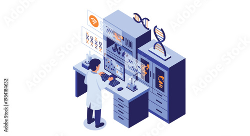 A professional scientist meticulously analyzes complex genetic sequences on a computer screen within a modern biotechnology laboratory with vibrant blue accents.