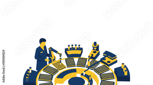 A professional scientist in a blue coat operates a sophisticated circular laboratory station featuring precise yellow robotic arms and sample testing trays.