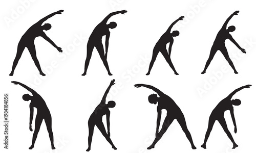 Set of various yoga stretching silhouettes demonstrating different fitness poses for body health