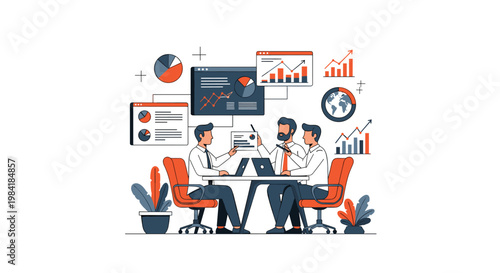 A team of three professional businessmen collaborates around a white table using laptops beneath floating blue and orange data dashboards and a globe.