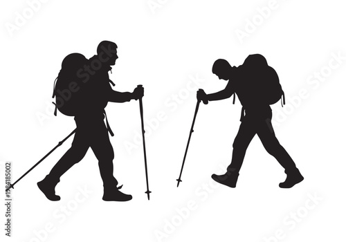Two black silhouettes of hikers with backpacks and trekking poles walking on white background