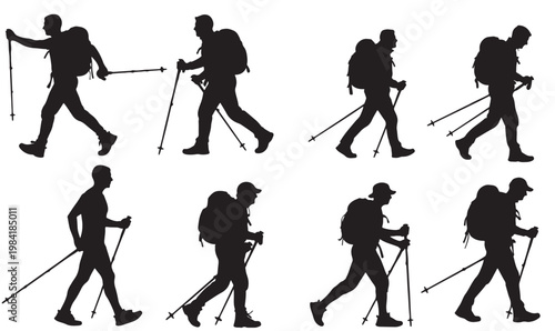 Collection of black silhouettes of hikers with backpacks and trekking poles in various poses