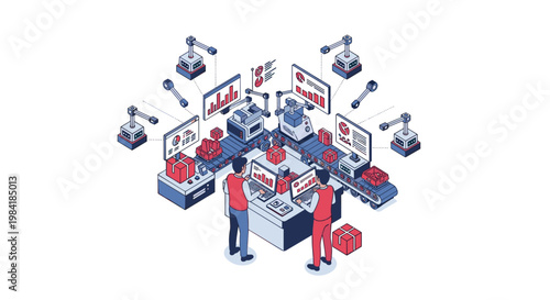 Two skilled technicians oversee a high-tech automated assembly line within a modern industrial factory featuring a clean blue and red color motif.