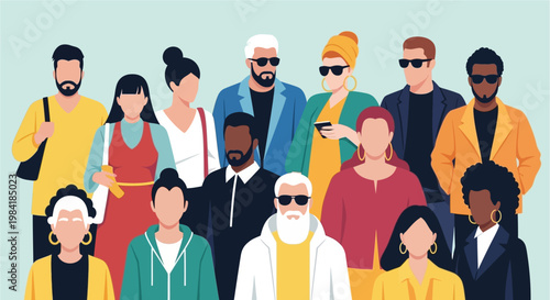 Vibrant flat illustration showcasing a diverse and inclusive group of people. Represents global community, social connection, and modern society with various men and women